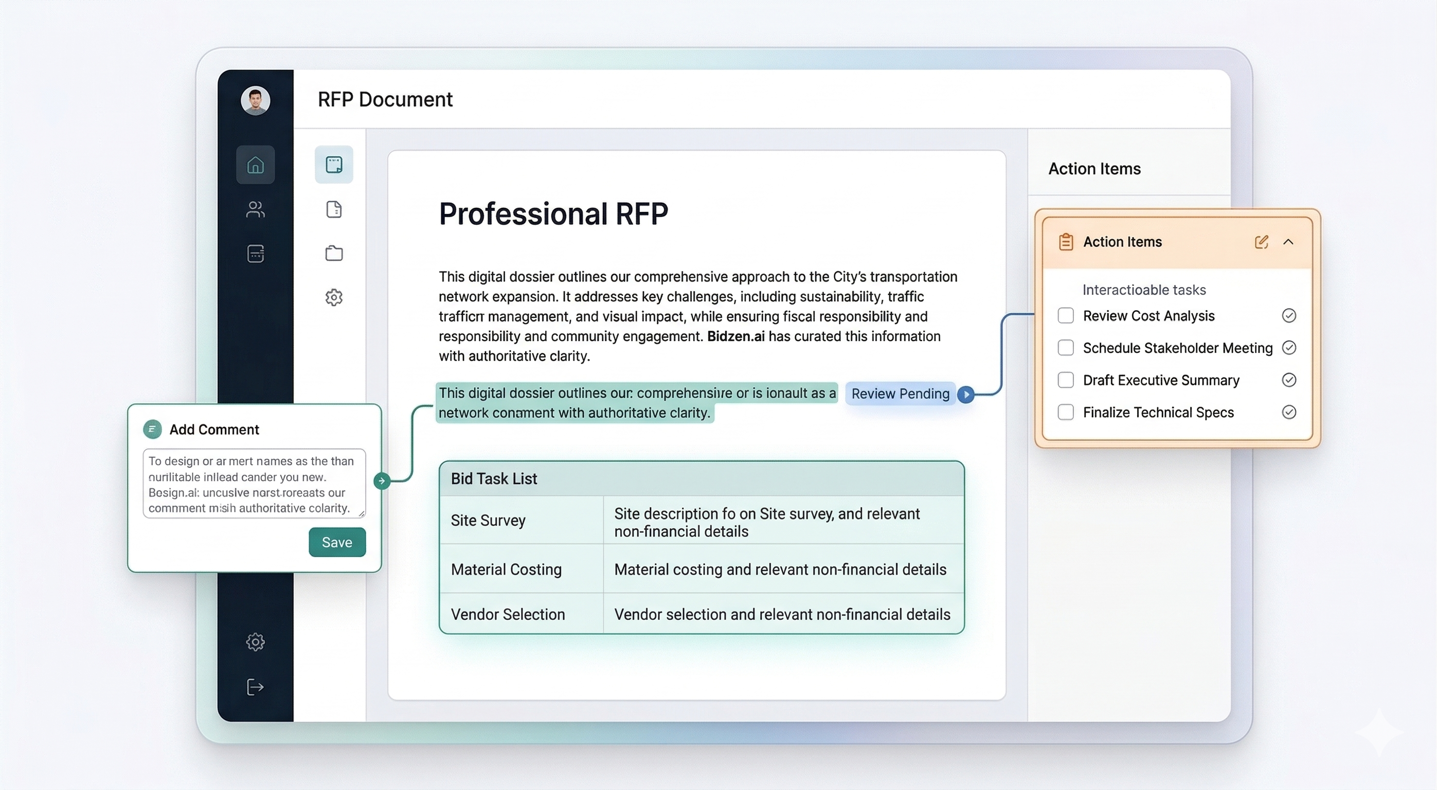 Bidzen.ai Dashboard showing complex tender analysis